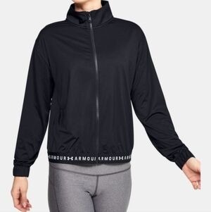 Under Armour Heatgear Running Jacket Full Zip Black Logo Spellout Women's XL EUC